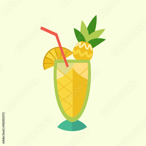Tropical pineapple cocktail drink in a fancy glass with straw illustration