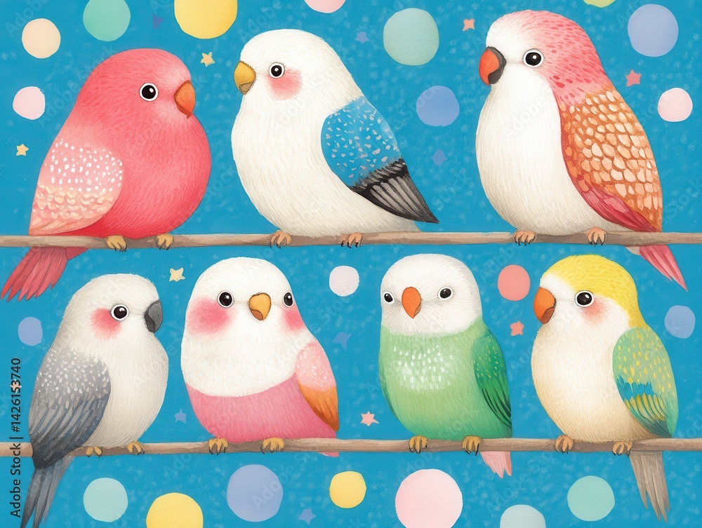 Fototapeta premium Perched row of colorful cartoonish parakeets