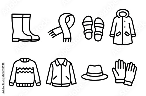 Winter essentials icon set: cozy clothing in linear style for seasonal design projects