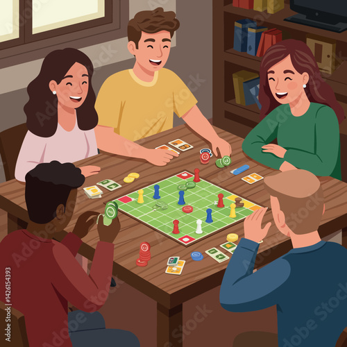 Group of friends playing board game together at home with colorful pieces and cards 