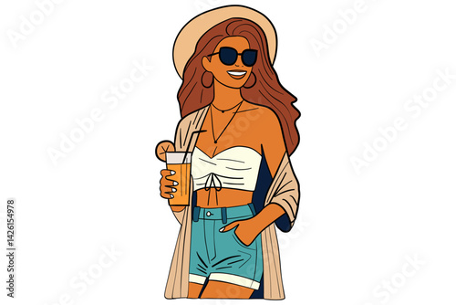 A hand drawn summer vibe girl. Good for any project.