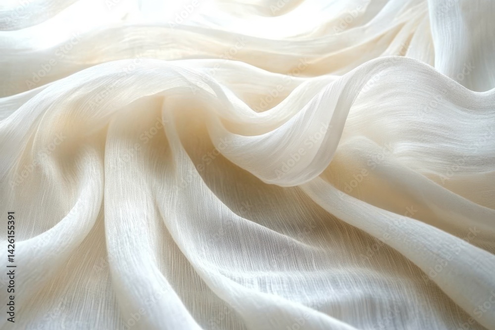 Elegant light fabric draped softly showcasing delicate textures in warm natural light Elegant light fabric draped softly showcasing delicate textures in warm natural light