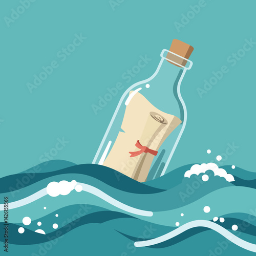 Message in a bottle floating on ocean waves with blue water and cork stopper vector illustration 