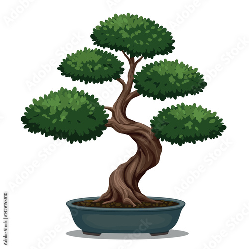 Bonsai tree with twisted trunk and lush green foliage in ceramic pot vector illustration