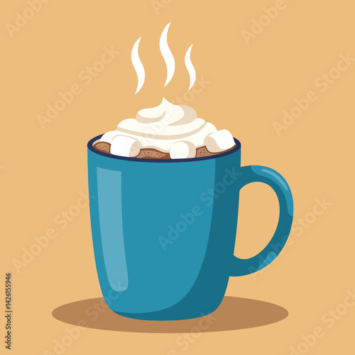 Blue ceramic mug with hot chocolate and whipped cream vector illustration 