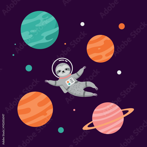Sloth astronaut floating in colorful abstract space with planets and stars vector illustration 