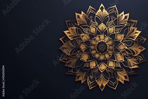 Intricate golden floral mandala design displayed against a dark background with elaborate details and symmetry photo