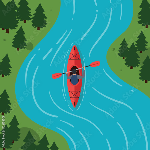 Kayaker paddling red kayak on river surrounded by green pine trees vector illustration 