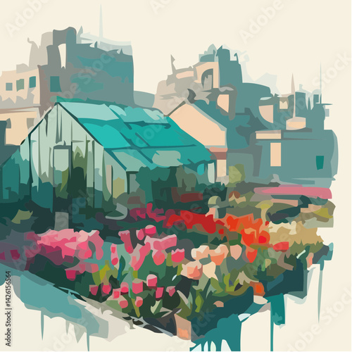 Colorful flowers in a greenhouse against an urban background  