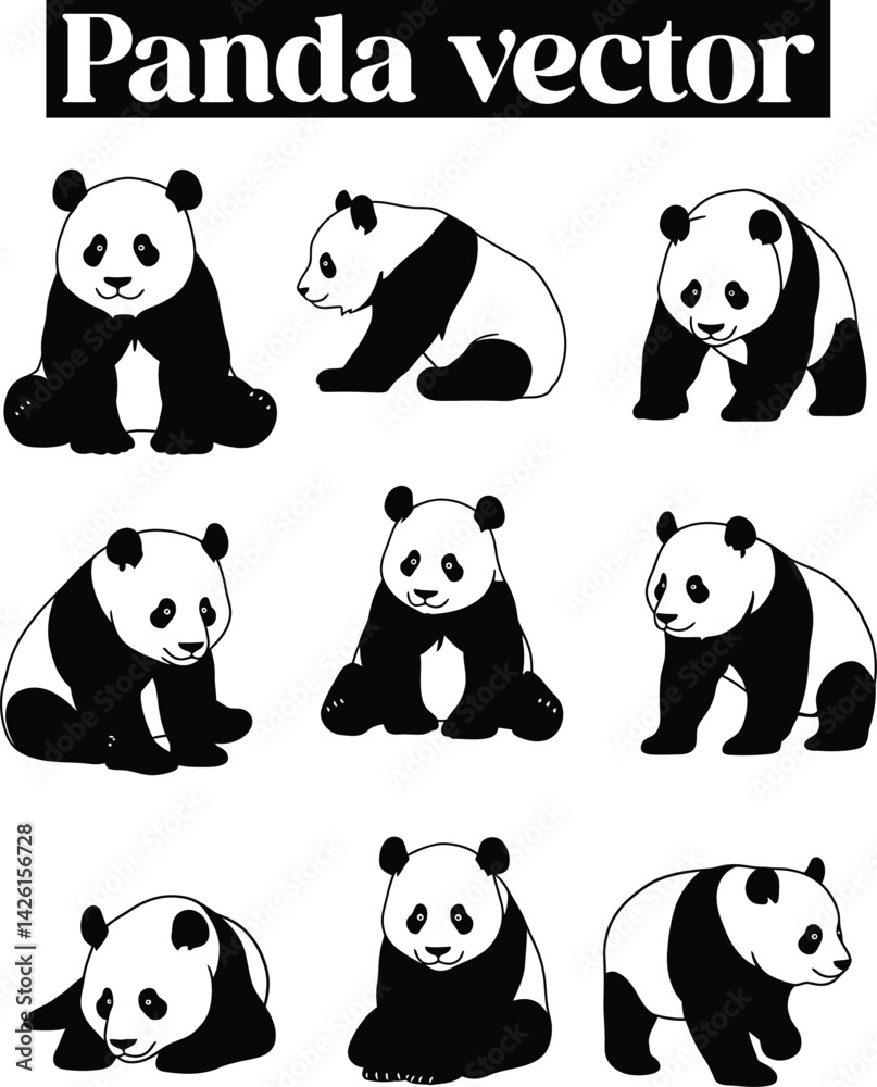 Fototapeta premium Panda Black and White Bear Illustrations Silhouettes