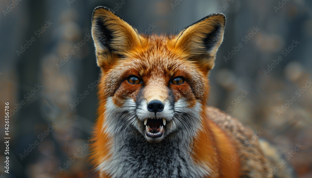 Fototapeta premium Snarling Red Fox in Snowy Forest – Fierce Winter Wildlife Moment