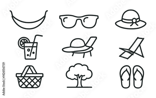 Summer leisure icon set with hammock, drink, hat, and tree in flat outline style