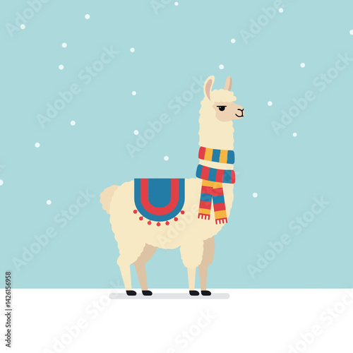 Llama with colorful scarf standing in snowy winter landscape vector illustration 