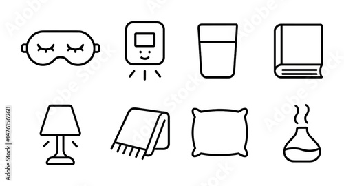 Cozy nighttime essentials icon set - linear style with sleep and relaxation symbols