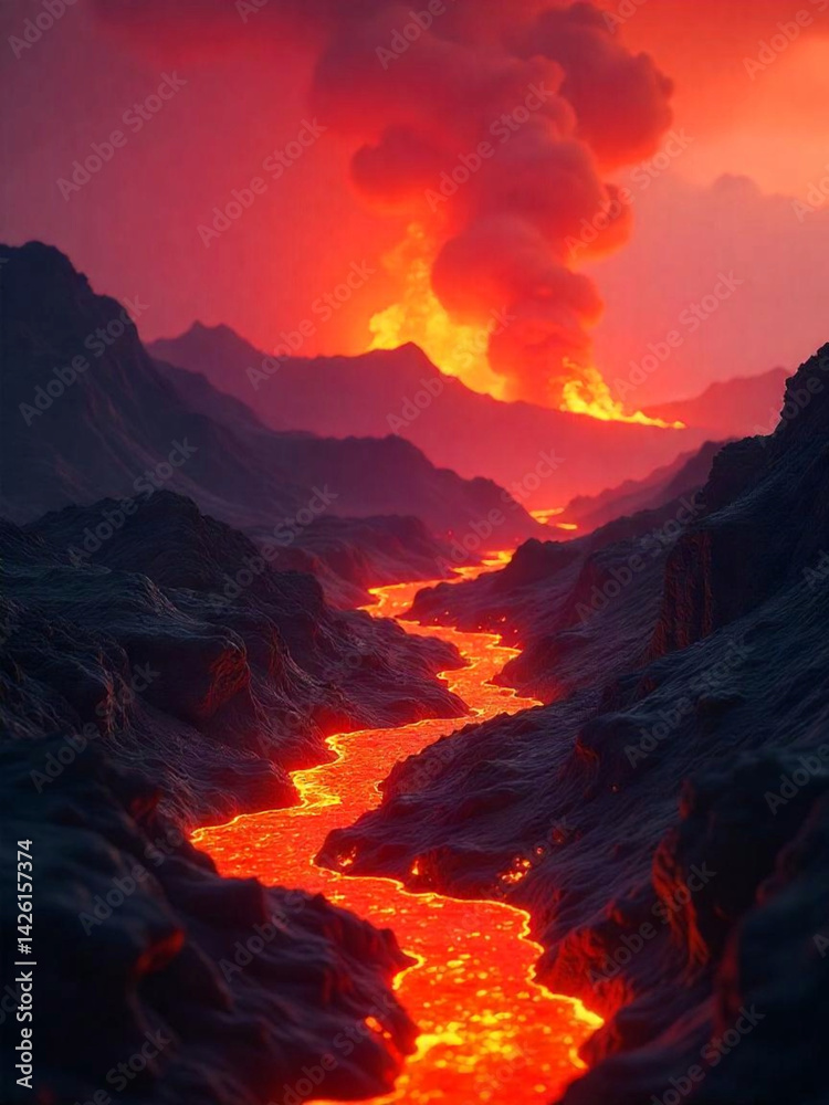 Fototapeta premium lava flowing rivers between mountains.