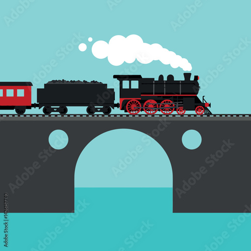 Steam Train Crossing Large Stone Bridge Vector Illustration with Red and Black Colors 