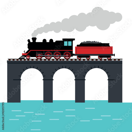 Vintage steam train crossing arched bridge over river with smoke plume vector illustration 