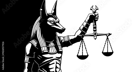 Anubis the Egyptian God solemnly holding a scale of justice against a split black and white background