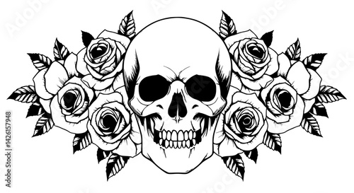 Black and white tattoo-style illustration of a human skull adorned with roses, symbolizing the duality of life and death