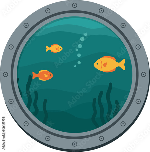 Underwater fish viewed through round ship porthole window vector illustration 