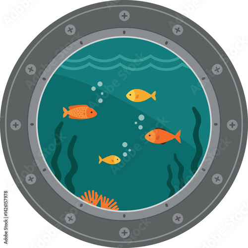 Underwater fish view through ship porthole showing seaweed and bubbles in ocean 