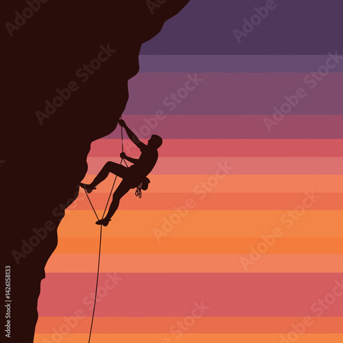 Rock climbing silhouette on cliff during sunset with vibrant orange and purple sky vector illustration 