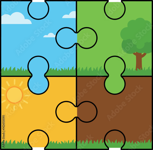 Puzzle piece showing four seasons with sun, tree, grass, and sky in bright colors vector illustration 