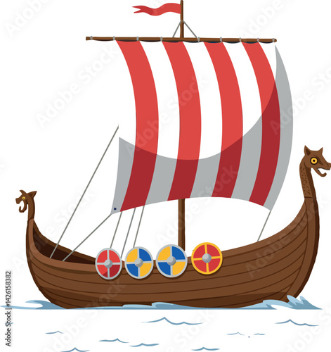 Viking ship with striped sail and shields on water vector illustration 