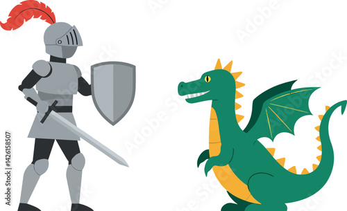 Knight in armor with red plume facing green dragon with wings fantasy vector illustration 