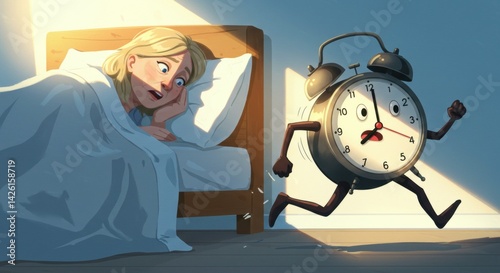 Alarm clock running after a woman who looks worried in her bedroom at night