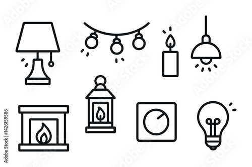 Cozy home lighting icons set – flat style: lamp, lantern, lightbulb, candle, fireplace, pendant