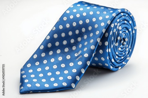 Stylish blue tie with polka dots rolled up on a white background suitable for formal occasions and business attire