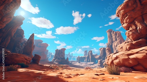 A dramatic canyon with layered rock formations under a bright blue sky.
