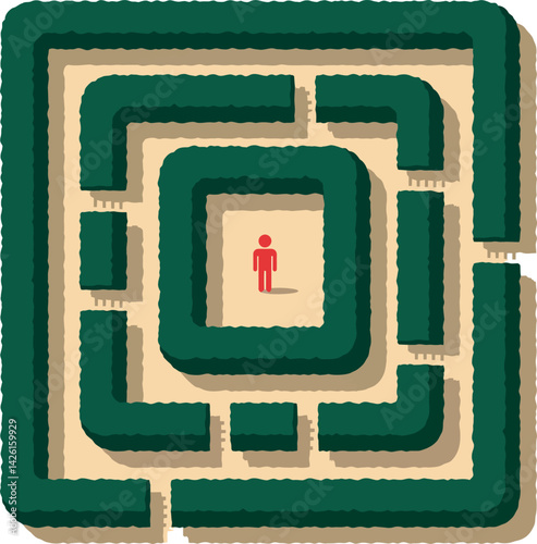 Human figure standing in green square hedge maze top view illustration 
