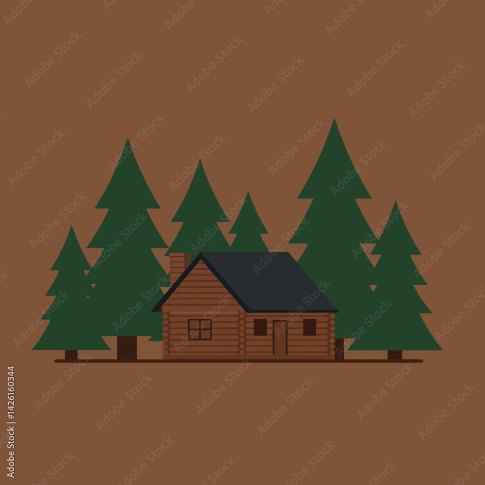 Naklejka premium Wooden cabin surrounded by pine trees vector illustration with brown background and simple nature design 