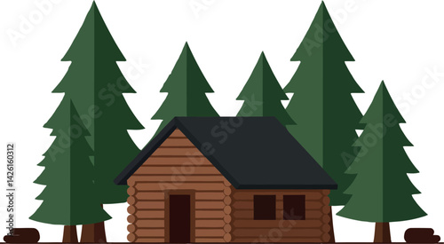 Wooden cabin surrounded by green pine trees vector illustration in simple style 