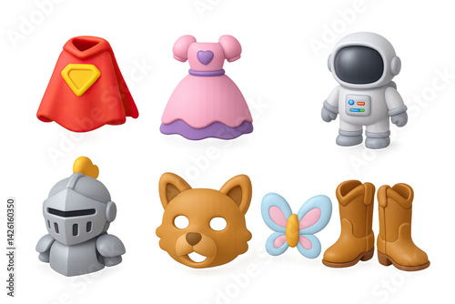 Superhero costume 3d icon set – isometric style fantasy and dress-up symbols for creative themes: cape, dress, astronaut, knight helmet, dog, butterfly, boots