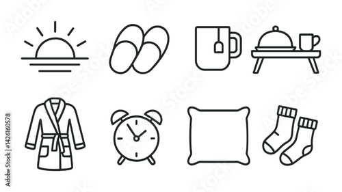 Cozy morning routine icons set: linear style for relaxation and comfort