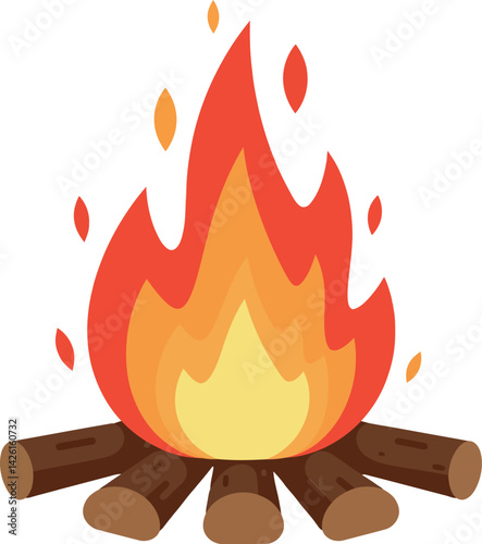 Campfire with orange and yellow flames and wooden logs vector illustration natural campfire scene 