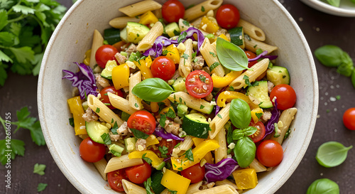 Healthy Penne Pasta Salad With Fresh Vegetables And Basil Garnish