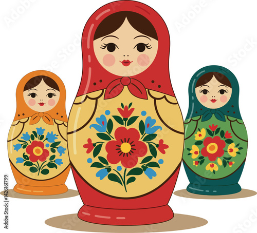 Russian Matryoshka Nesting Dolls with Floral Patterns in Red Orange and Green Colors Vector Illustration 