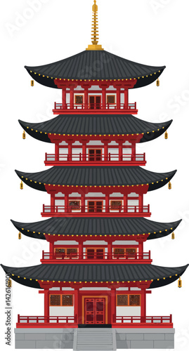 Traditional Japanese Five-Story Pagoda Vector Illustration with Red and Black Roof Design