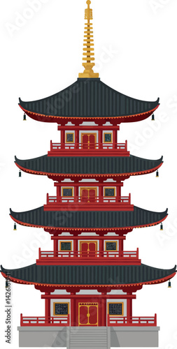 Traditional Japanese Pagoda Architecture with Multi-tiered Roofs and Ornate Design Vector Illustration