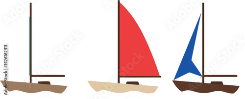 Three small sailboats with red and blue sails vector illustration on white background 