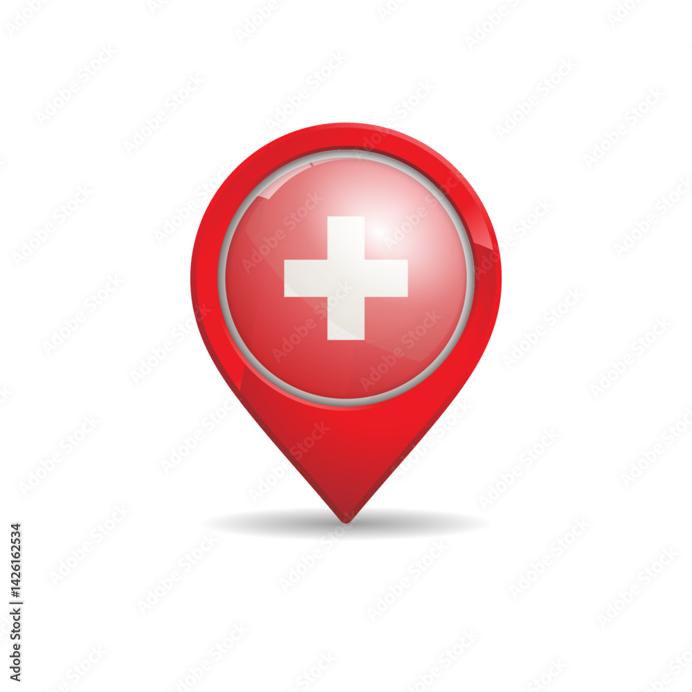 Obraz premium Realistic Switzerland flag with map pin vector illustration. Swiss flag.