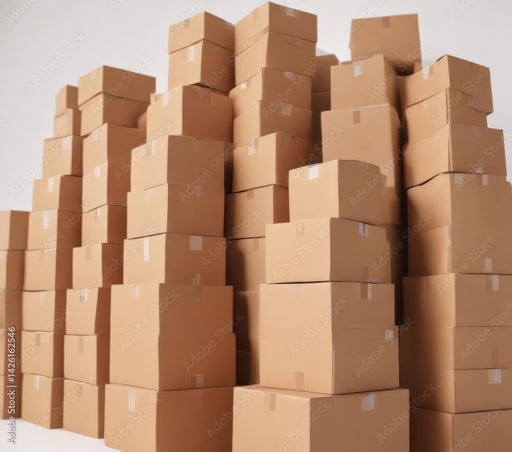 Neat stack of brown cardboard boxes on pristine white background , material, clean