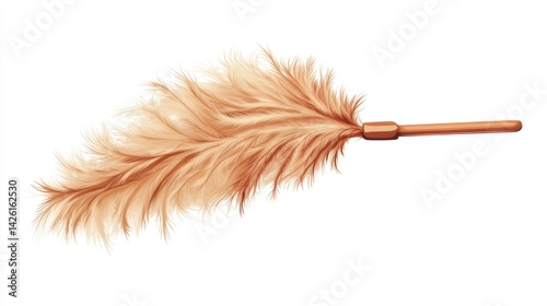 A light brown feather duster.  Fluffy, soft, and attached to a wooden handle