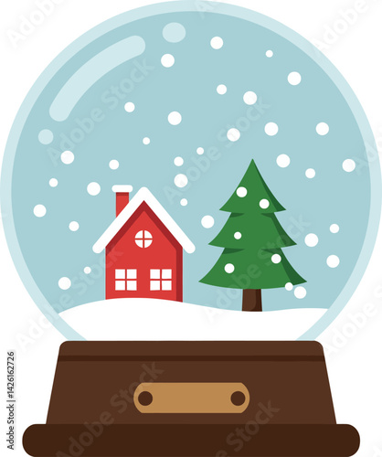 Snow globe with red house and green pine tree in winter scene vector illustration 