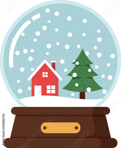 Snow globe with red house and green pine tree in winter scene vector illustration 