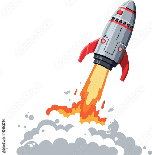 Rocket Launch with Red Fins and Flame Blast Cartoon Style Vector Illustration 